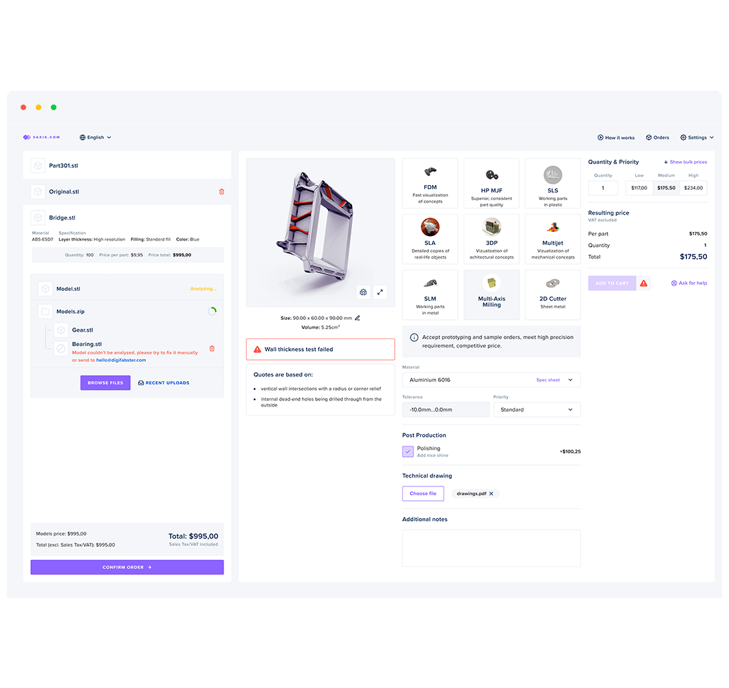 Digifabster instant 3D printing quotation tool interface