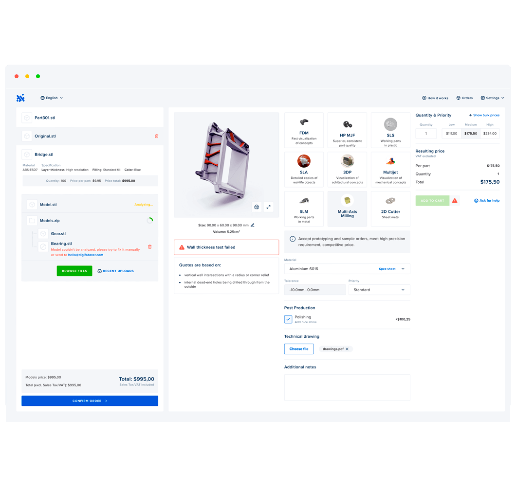 Digifabster instant 3D printing quotation tool interface